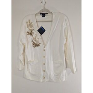 IB Diffusion Vintage White Cotton Cactus Beaded Sequin Cardigan WomensM